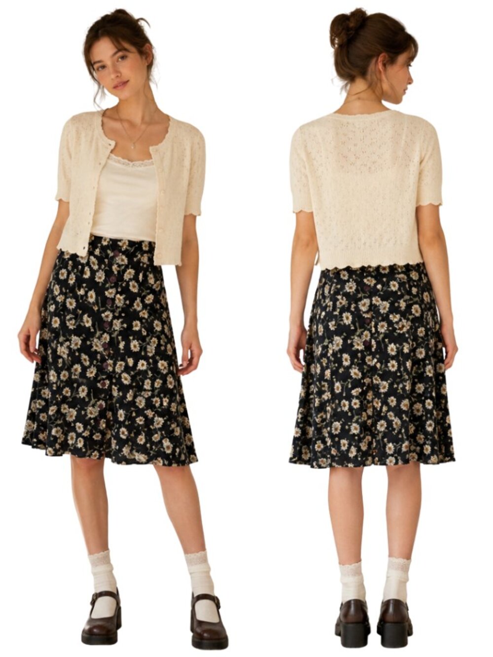 Vintage Express Floral A-Line Button Front Skirt Womens Medium Black Cottagecore